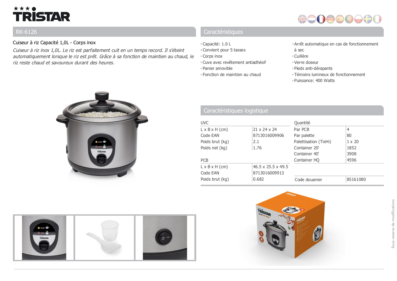 Tristar RK­-6126 product sheet