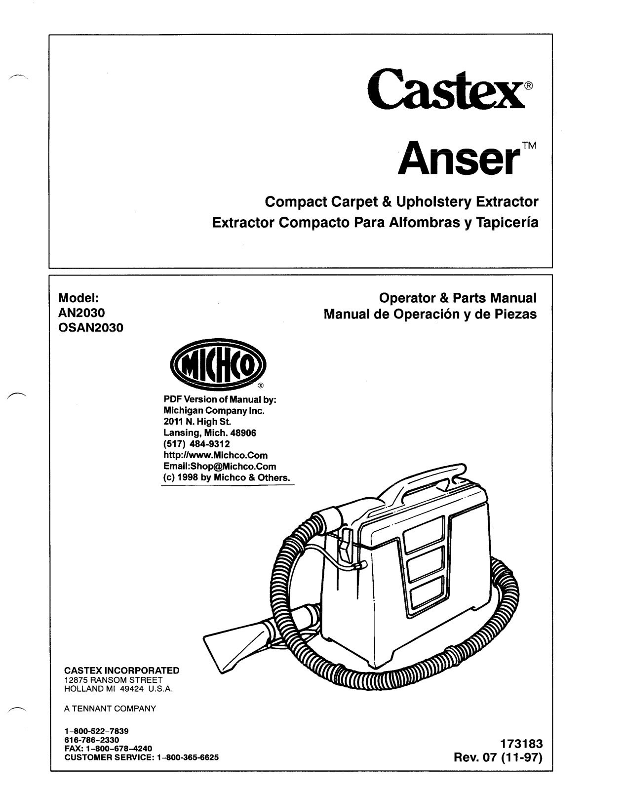 Castex Anser AN2030, Anser OSAN2030 Operator's & Parts Manual