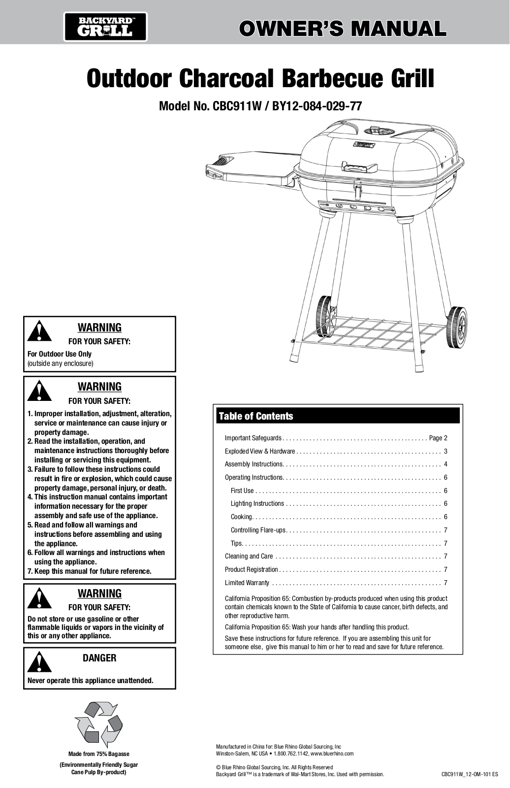 BackyardGrill CBC911W, BY12-084-029-77 Owner's Manual