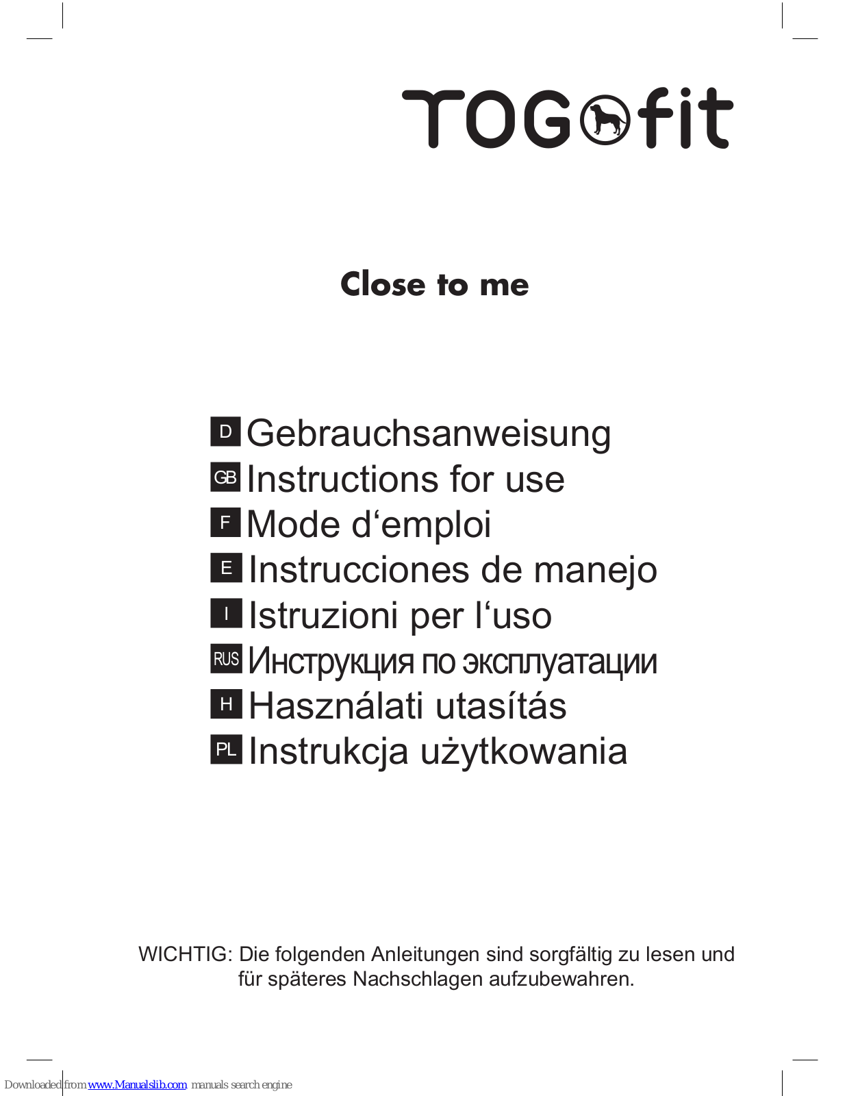 Togfit Close to me Instructions For Use Manual