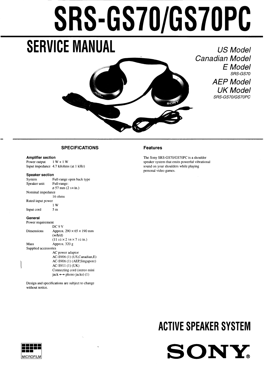 Sony SRSGS-70, SRSGS-70-PC Service manual