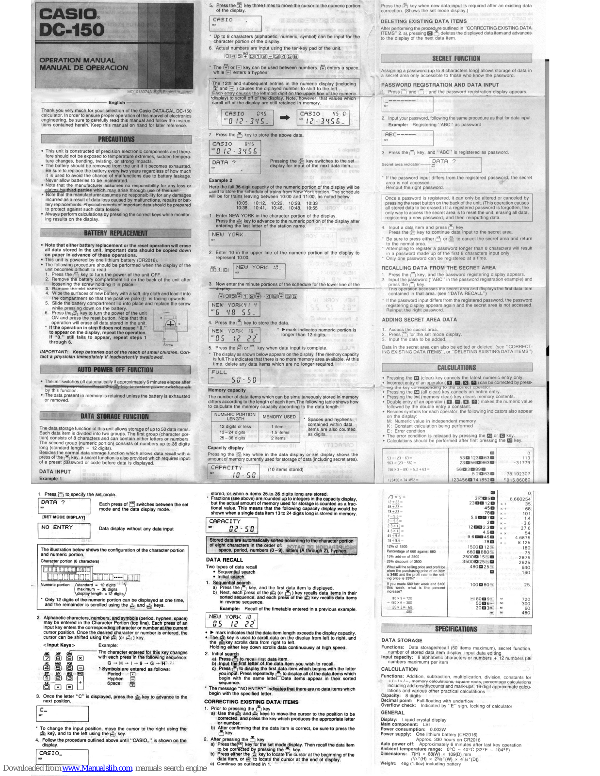 Casio DATA-CAL DC-150 Operation Manual