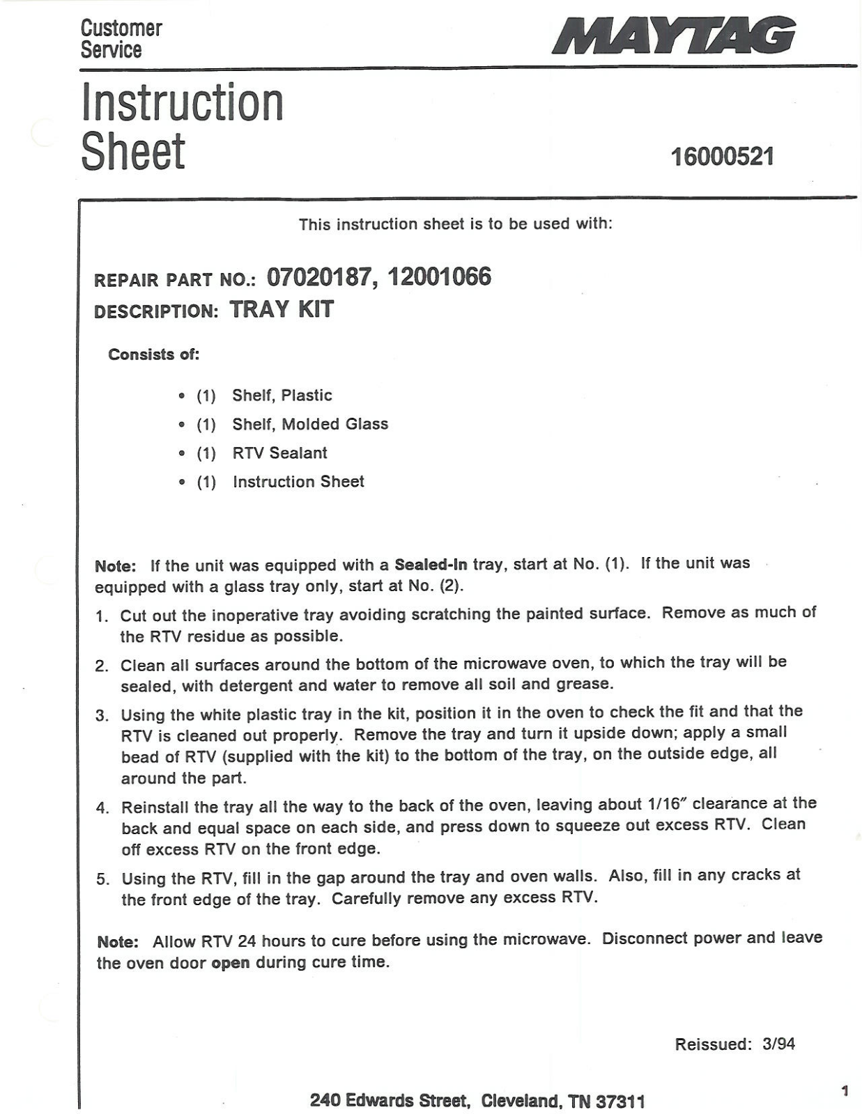 Maytag 07020187, 12001066 Instruction Sheet