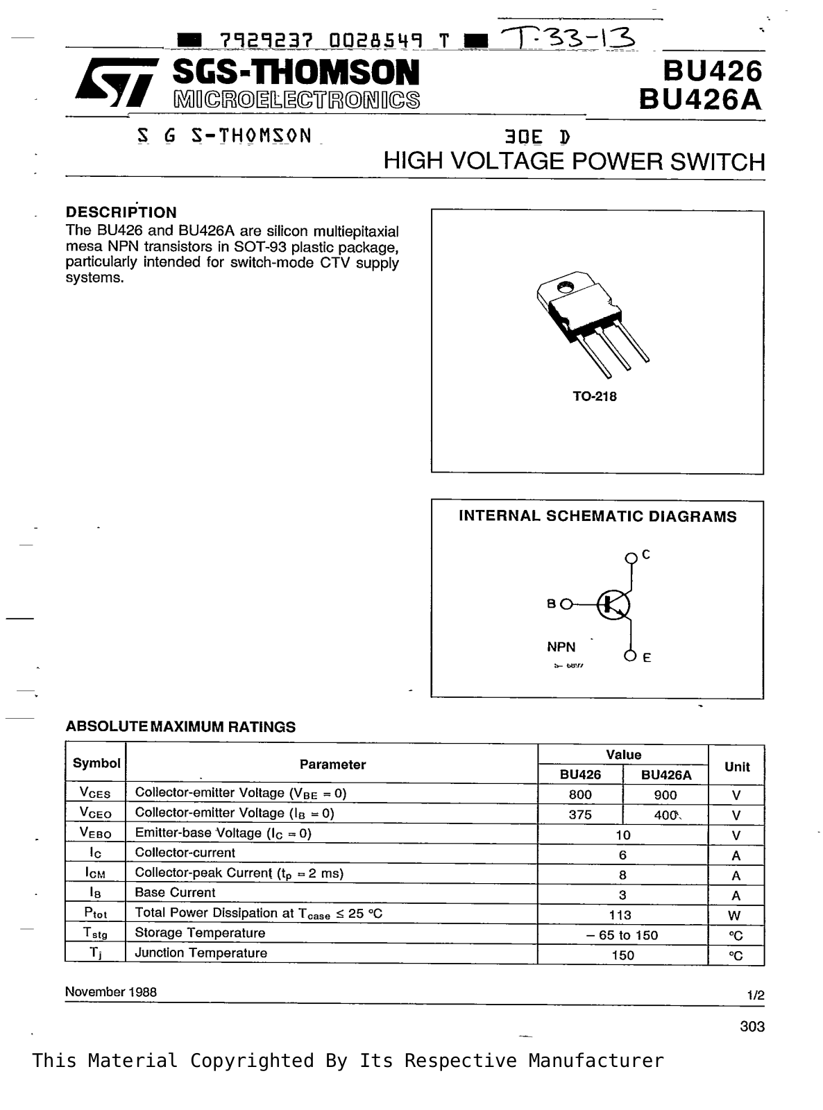 SGS Thomson Microelectronics BU426A Datasheet