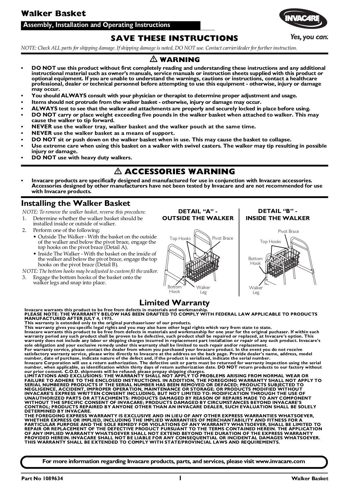 Invacare Walker Basket User Manual