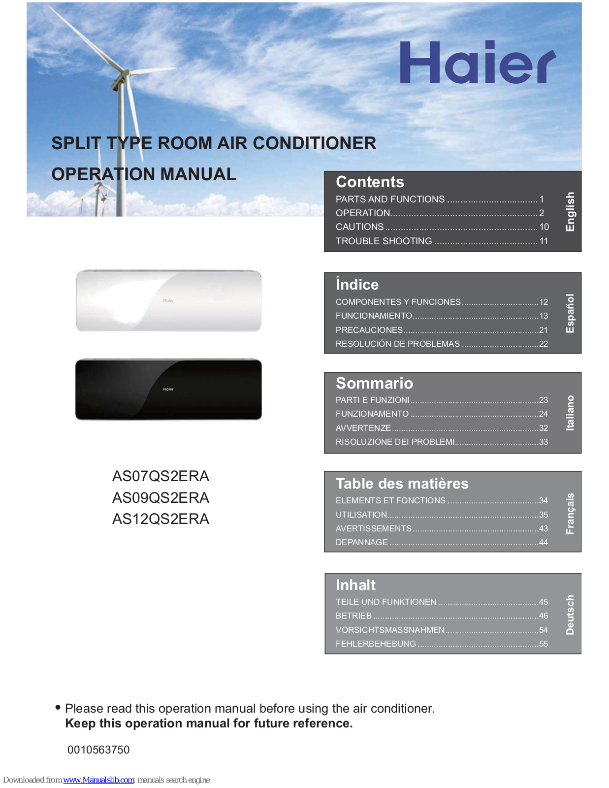 Haier AS09NS1HRA-WF, AS07NS1HRA-WF, AS12NS1HRA-WF, AS12NC2HRA, AS15NS1HRA-WF Operation Manual