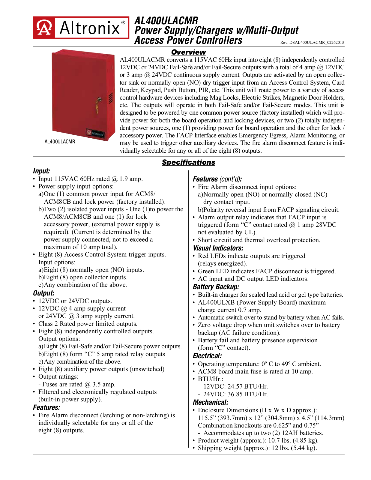 Altronix AL400ULACMR Data Sheet