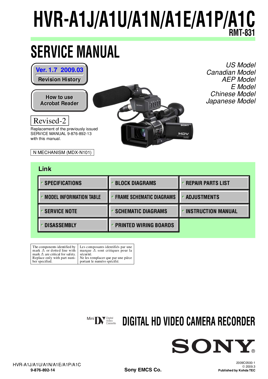 Sony HVR-A1J, HVR-A1U, HVR-A1N, HVR-A1E, HVR-A1P Service Manual
