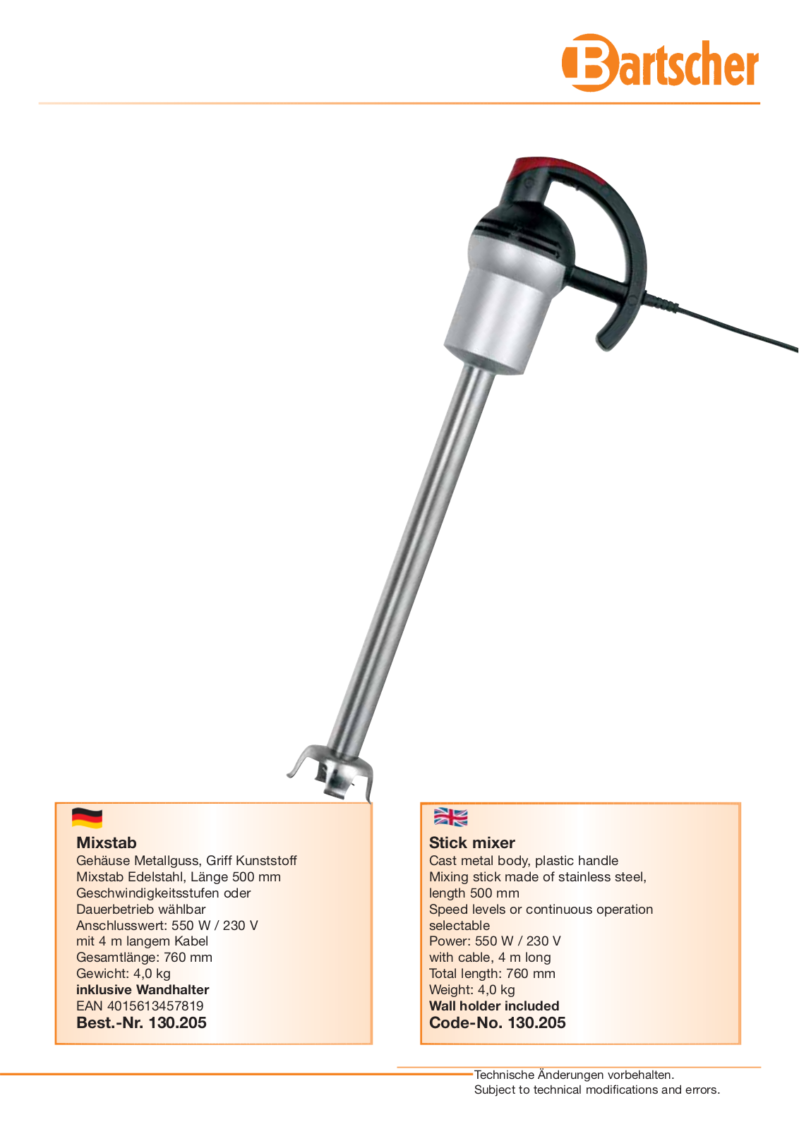 Bartscher 130205 User Manual