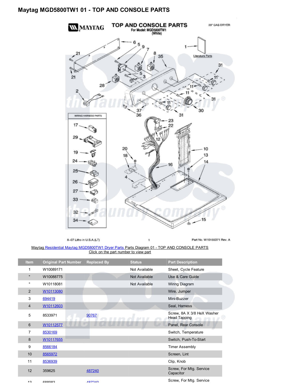 Maytag MGD5800TW1 Parts Diagram