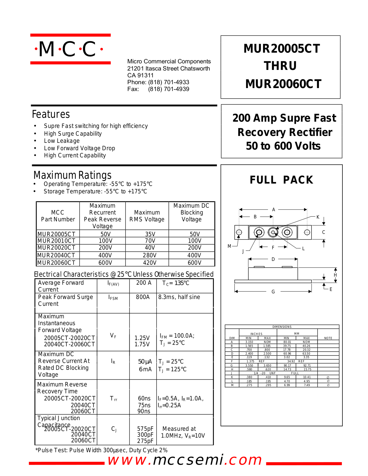 MCC MUR20040CT, MUR20020CT, MUR20060CT, MUR20010CT Datasheet