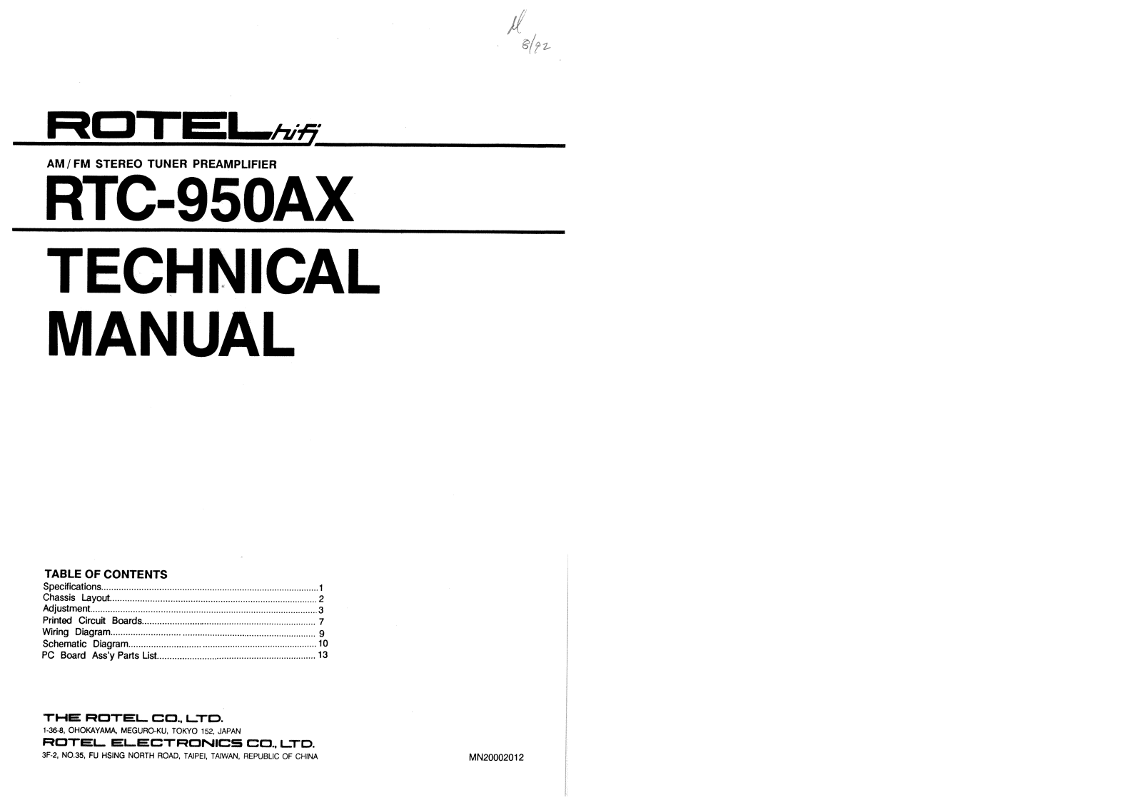 Rotel RTC-950-AX Service manual