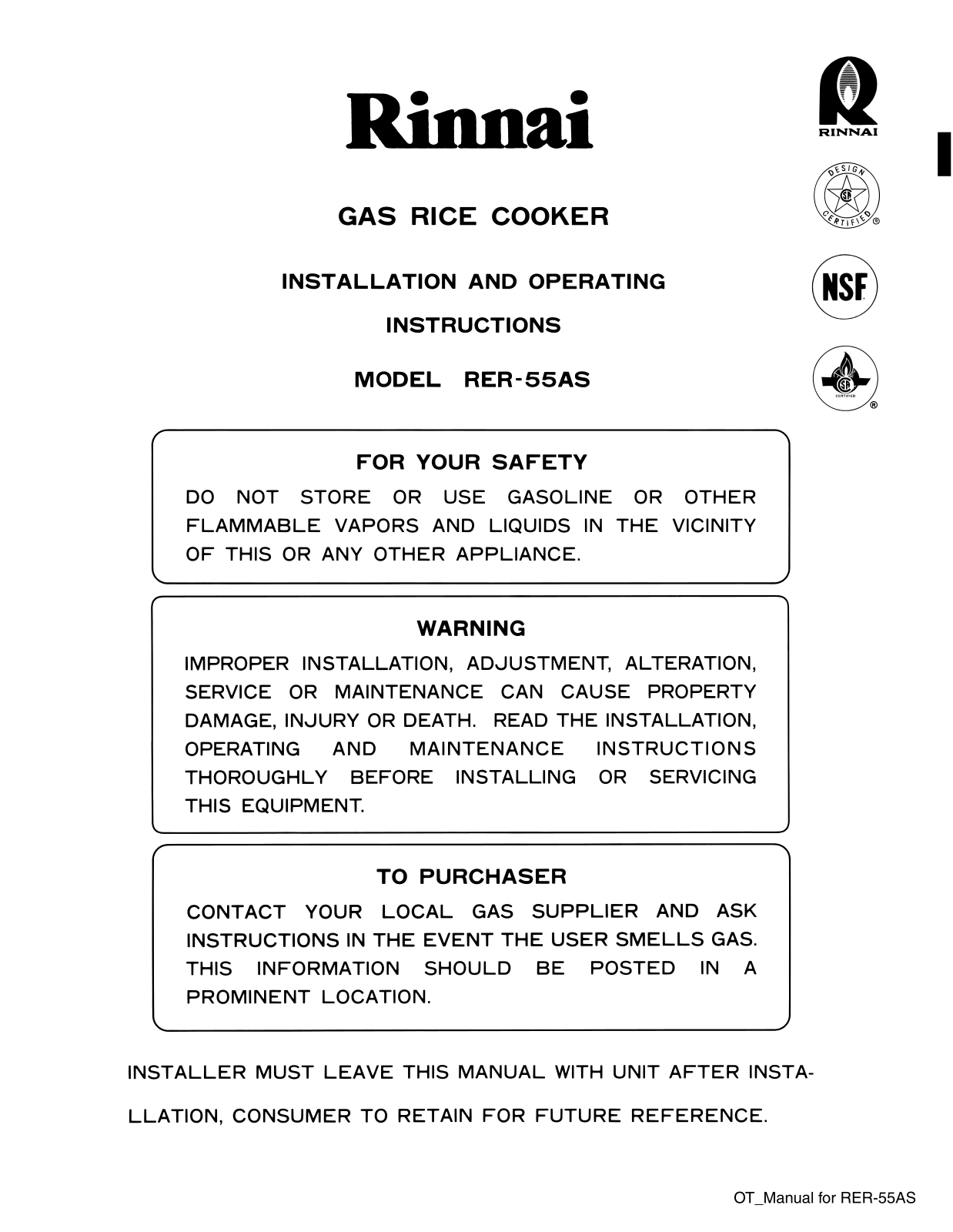 Rinnai RER-55AS Service Manual