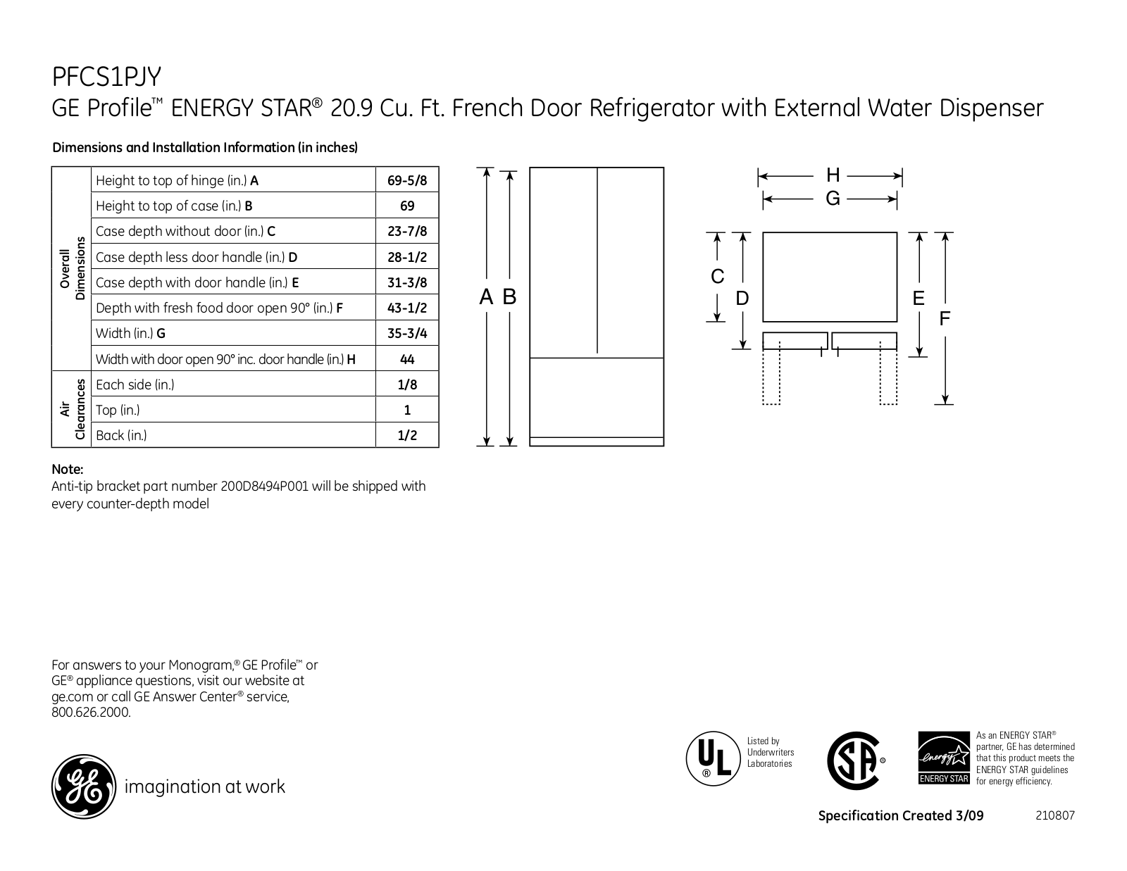 GE PFCS1PJYSS Specification