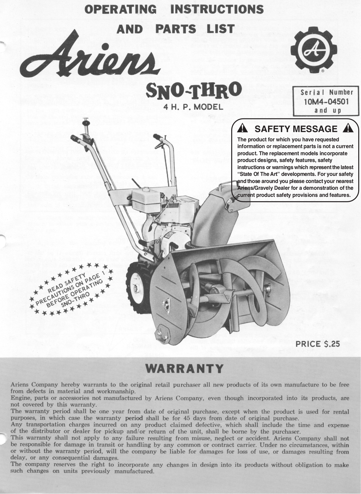 Ariens Sno-Thro ST4-65R, Sno-Thro 10M4-04501, Sno-Thro 4 H. P User Manual