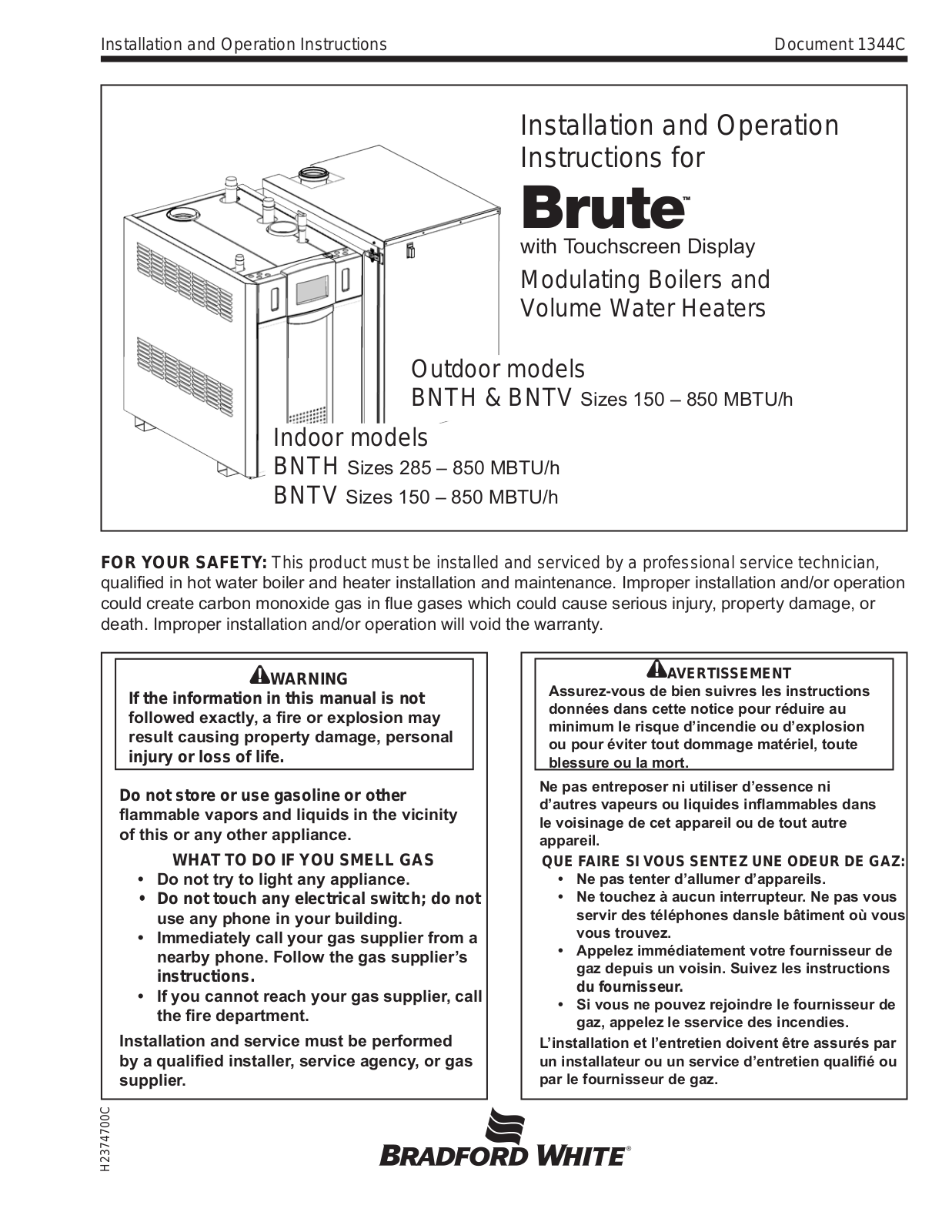 Bradford White BNTV-150, BNTV-199, BNTV-285, BNTV-399, BNTV-500 Installation Manual