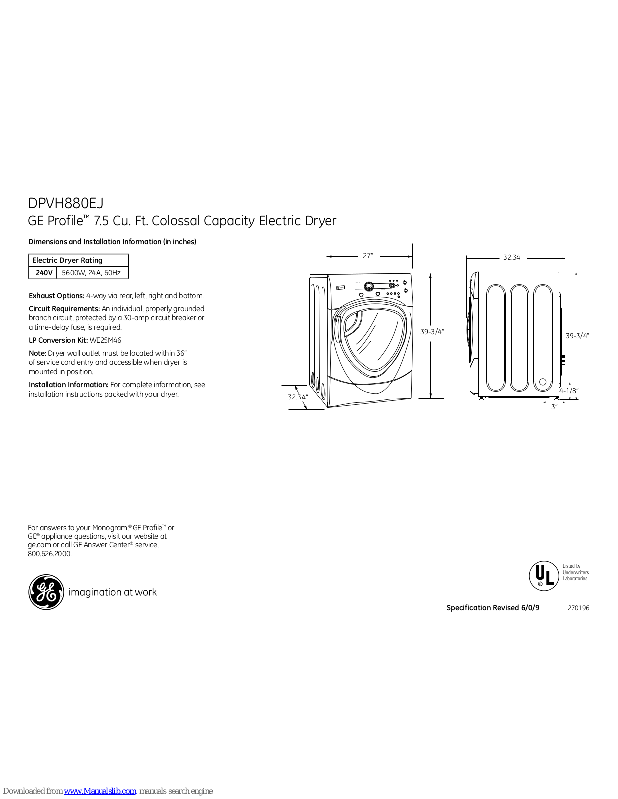 GE Profile DPVH880EJ, Profile DPVH880EJMG, Profile DPVH880EJWW, Profile DPVH880EJMV Dimensions And Installation Information