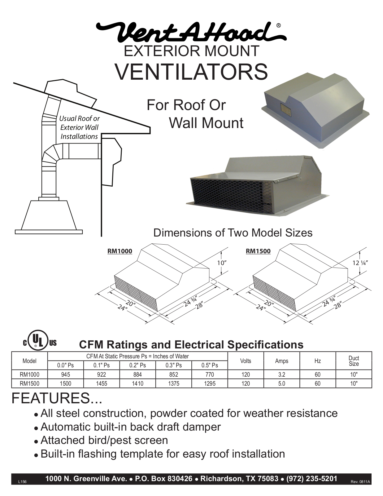 Vent-A-Hood RM1000, RM1500 SPECIFICATIONS