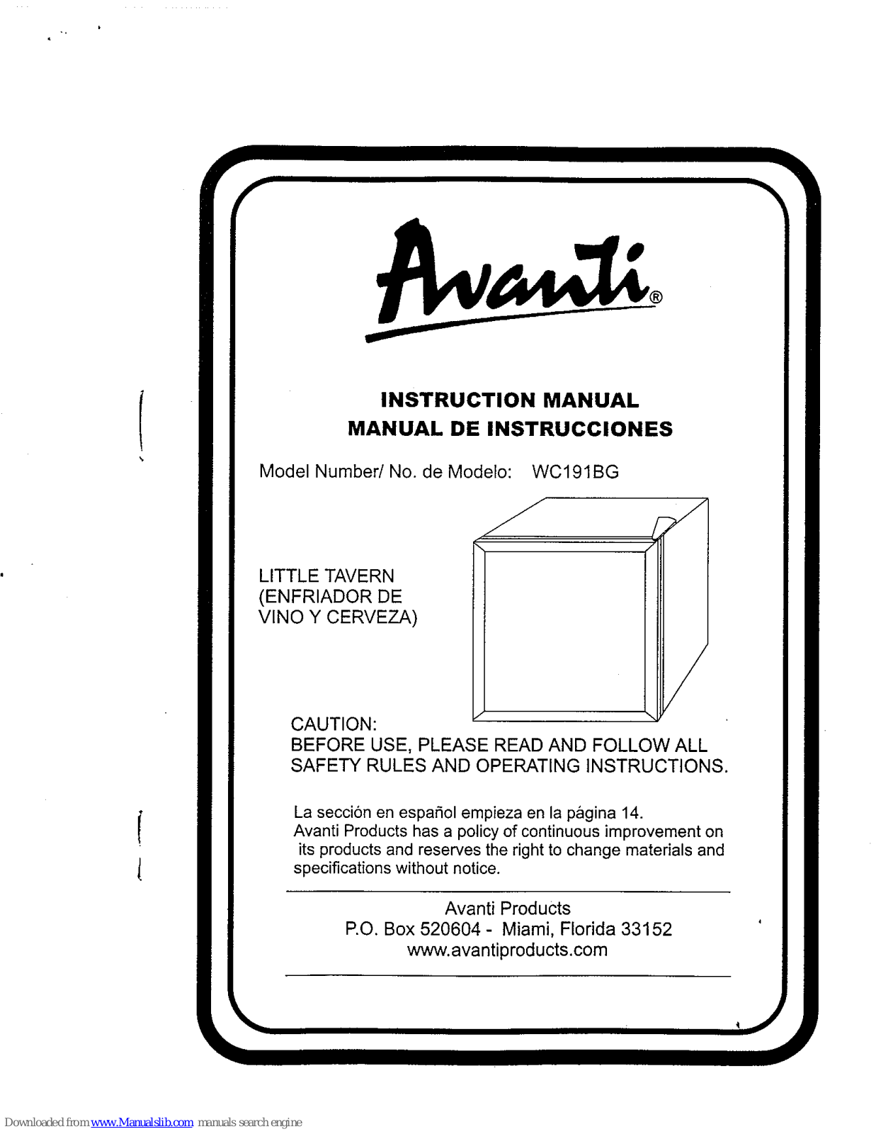 Avanti Little Tavern WC191BG Instruction Manual