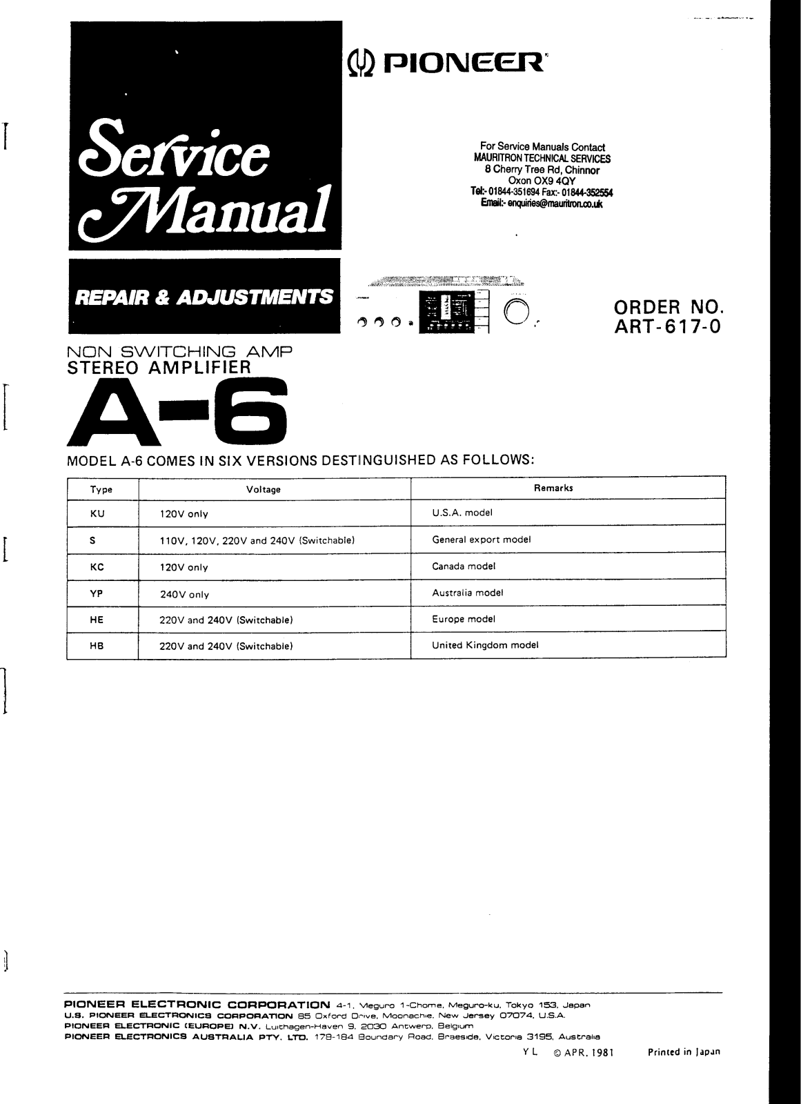 Pioneer A-6 Service manual