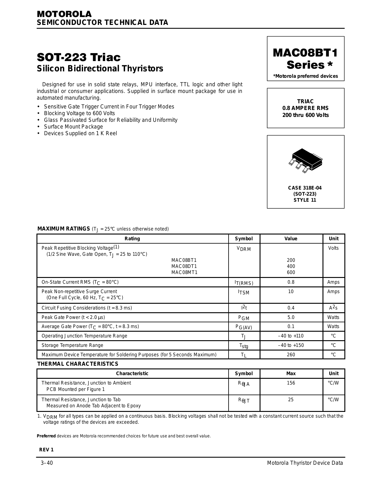 Motorola MAC08DT1 Datasheet