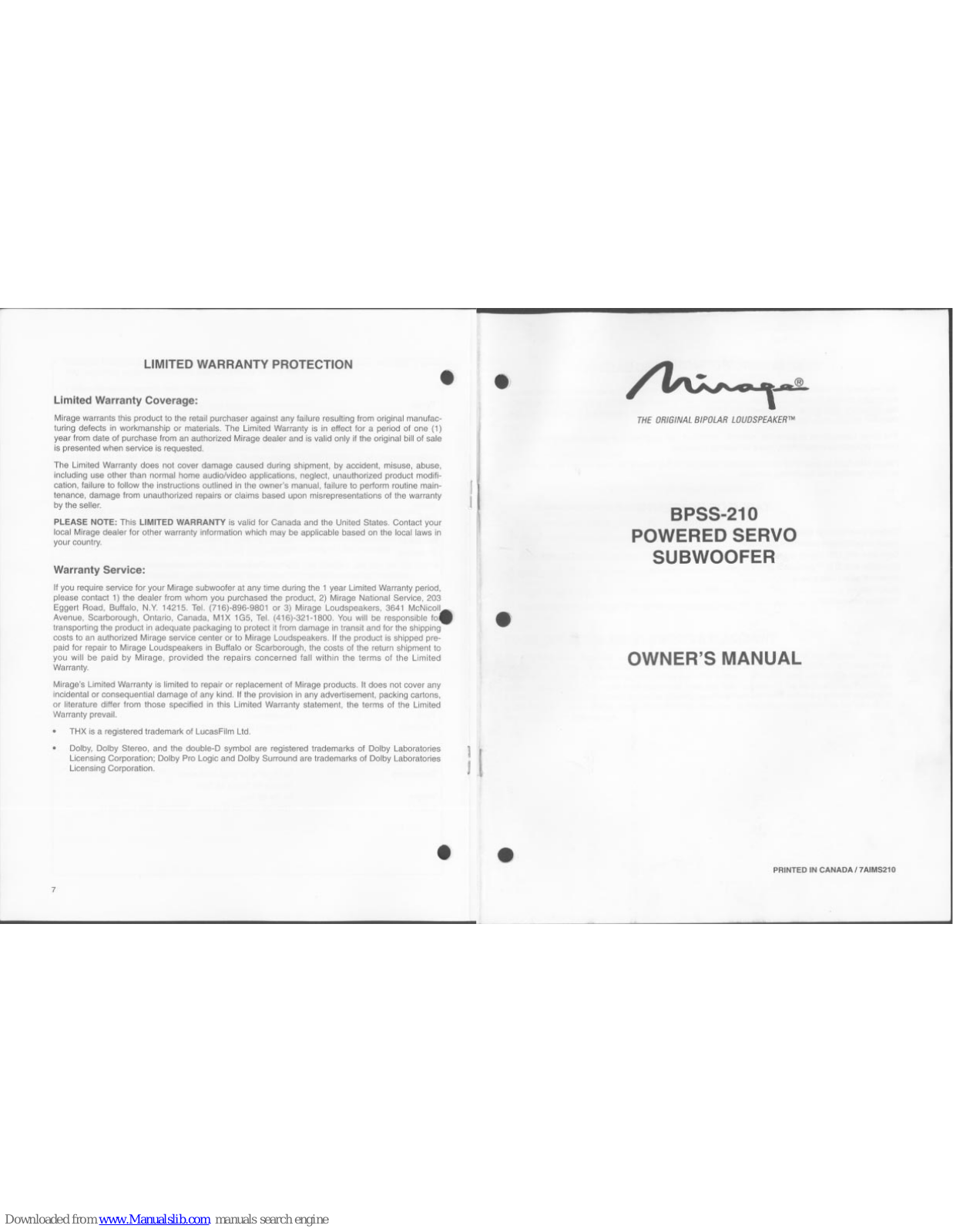 Mirage BPS210, BPSS-210 Owner's Manual