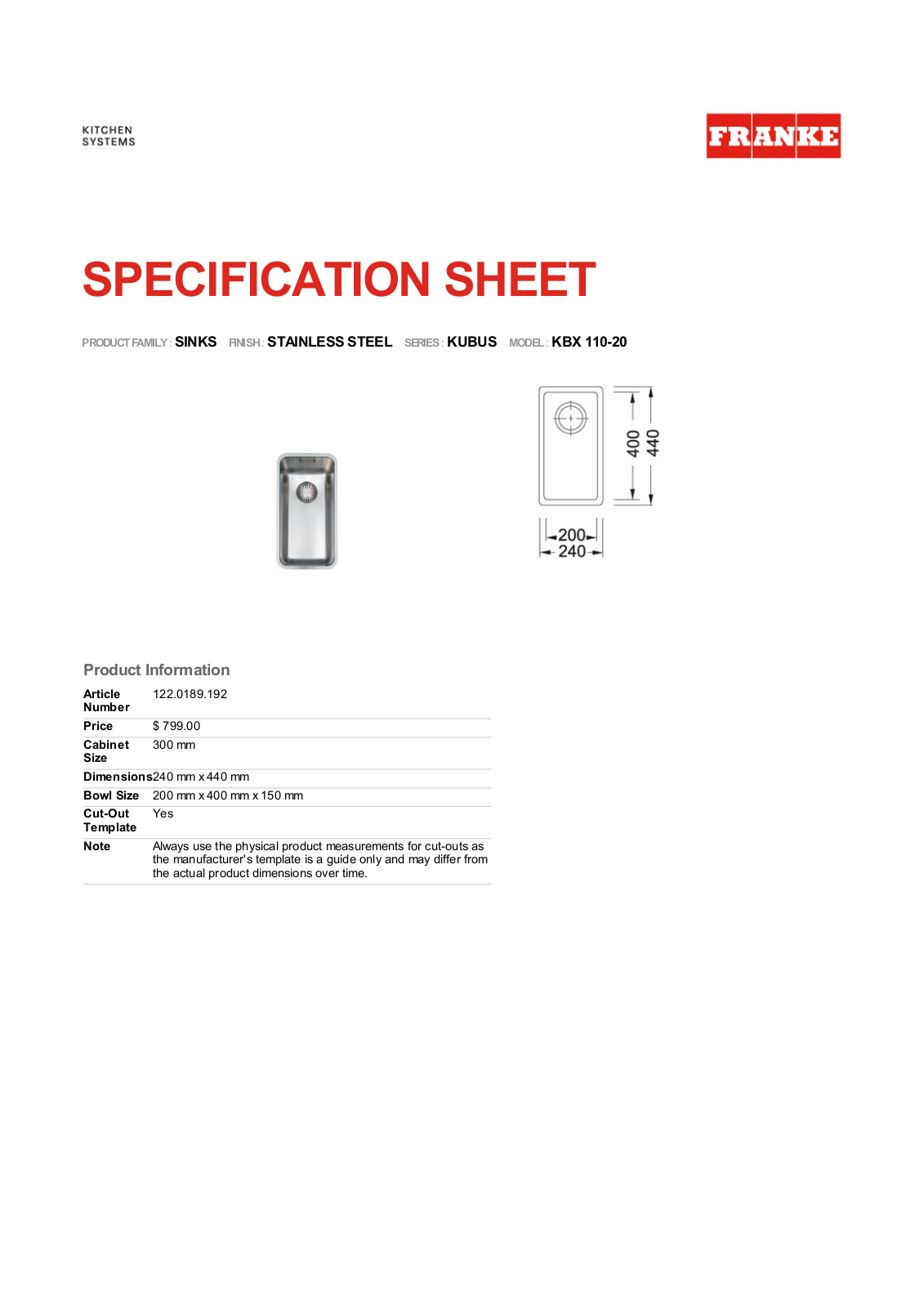 Franke Foodservice KBX 110-20 User Manual