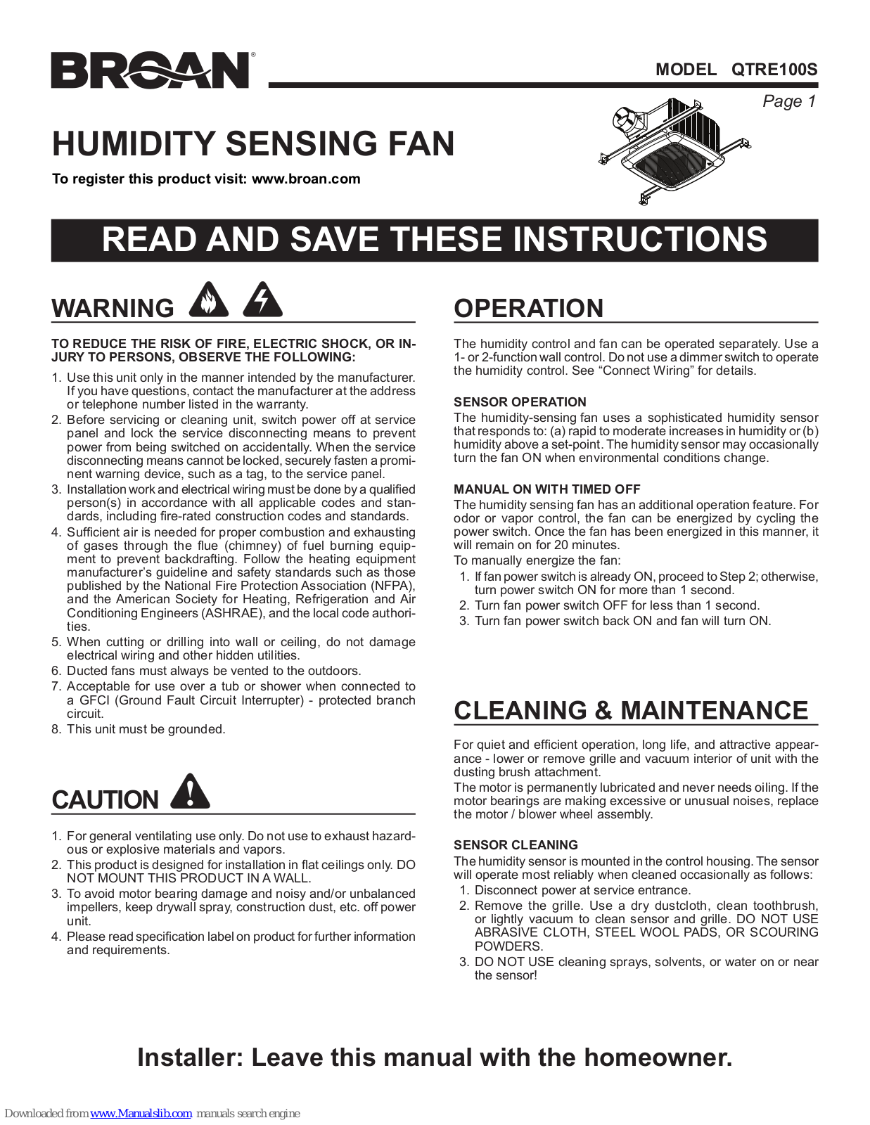 Broan HUMIDITY SENSING FAN QTRE100S Instructions Manual