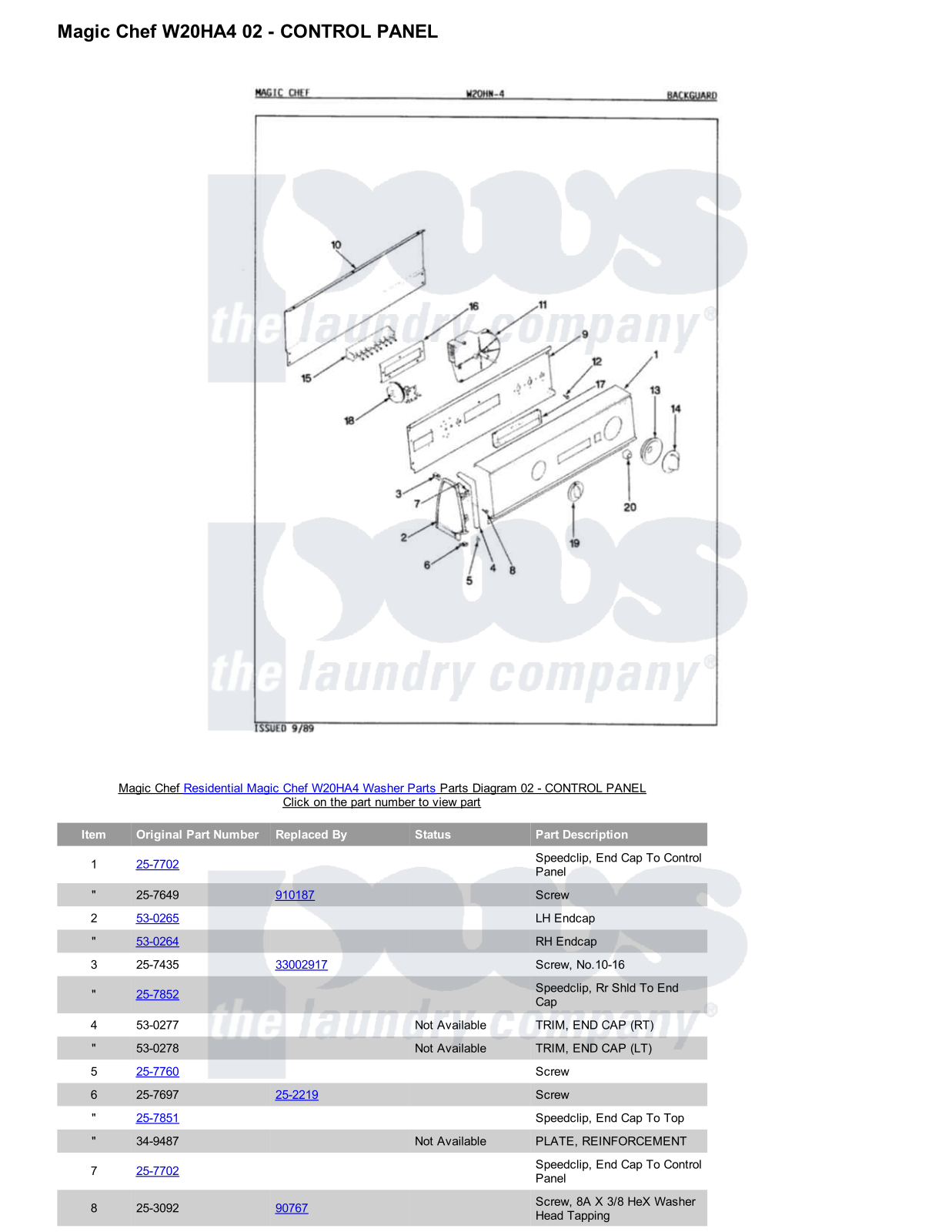 Magic Chef W20HA4 Parts Diagram