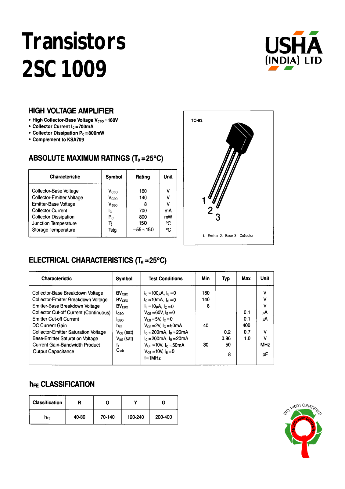 USHA 2SC1009 Datasheet