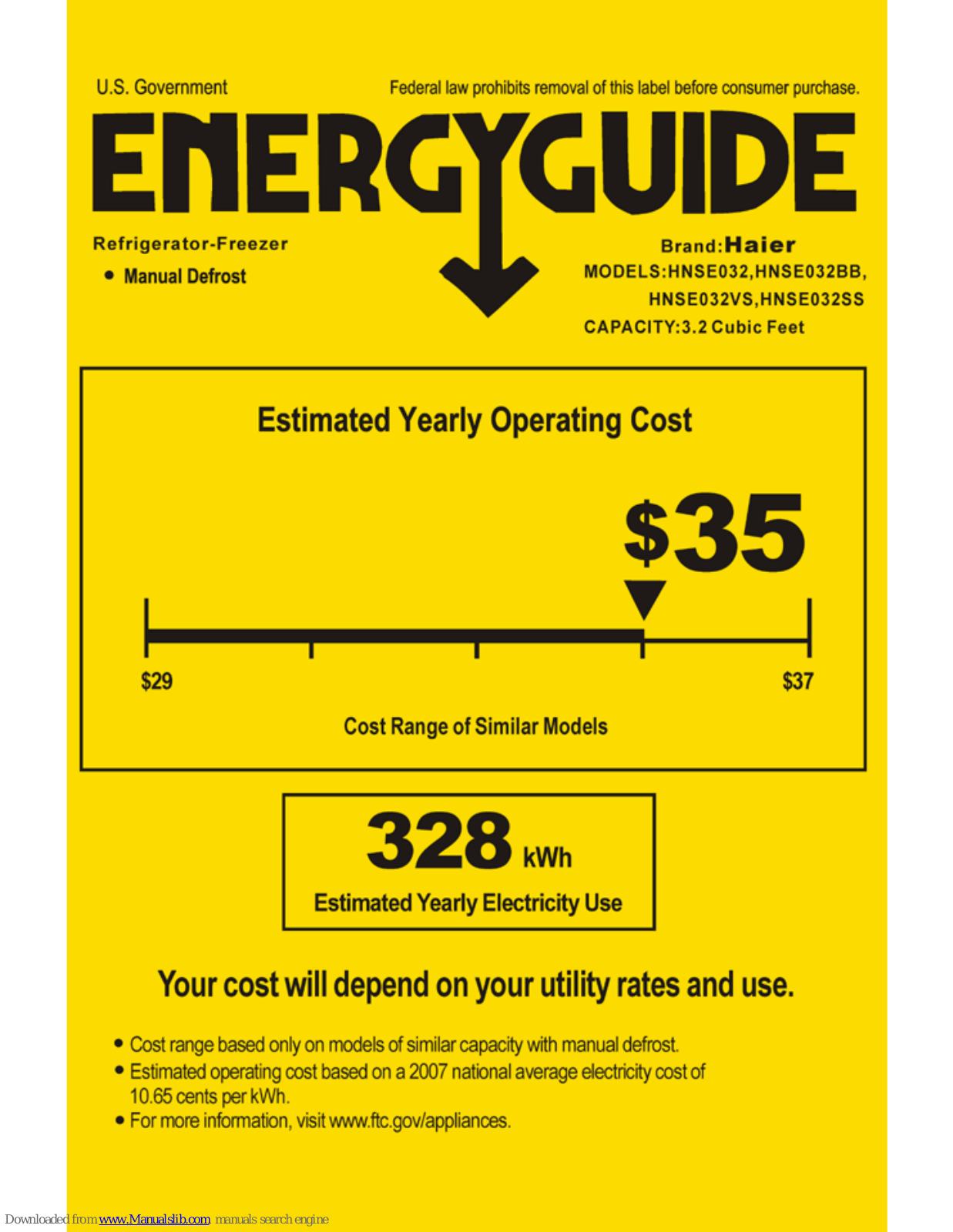 Haier HNSE032, HNSE032BB, HNSE032VS, HNSE032SS Energy Manual