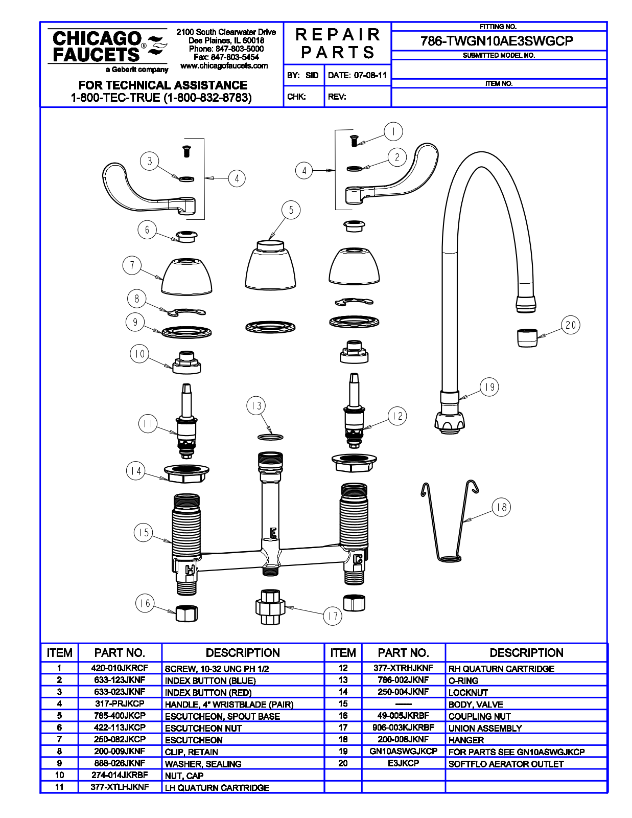 Chicago Faucet 786-TWGN10AE3SWGCP Parts List