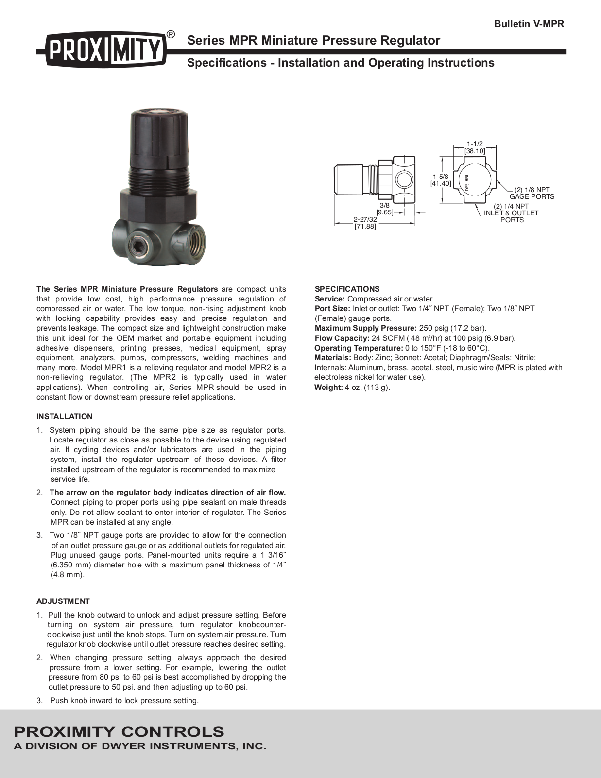 Dwyer Instruments Series MPR Installation and Operating Instructions