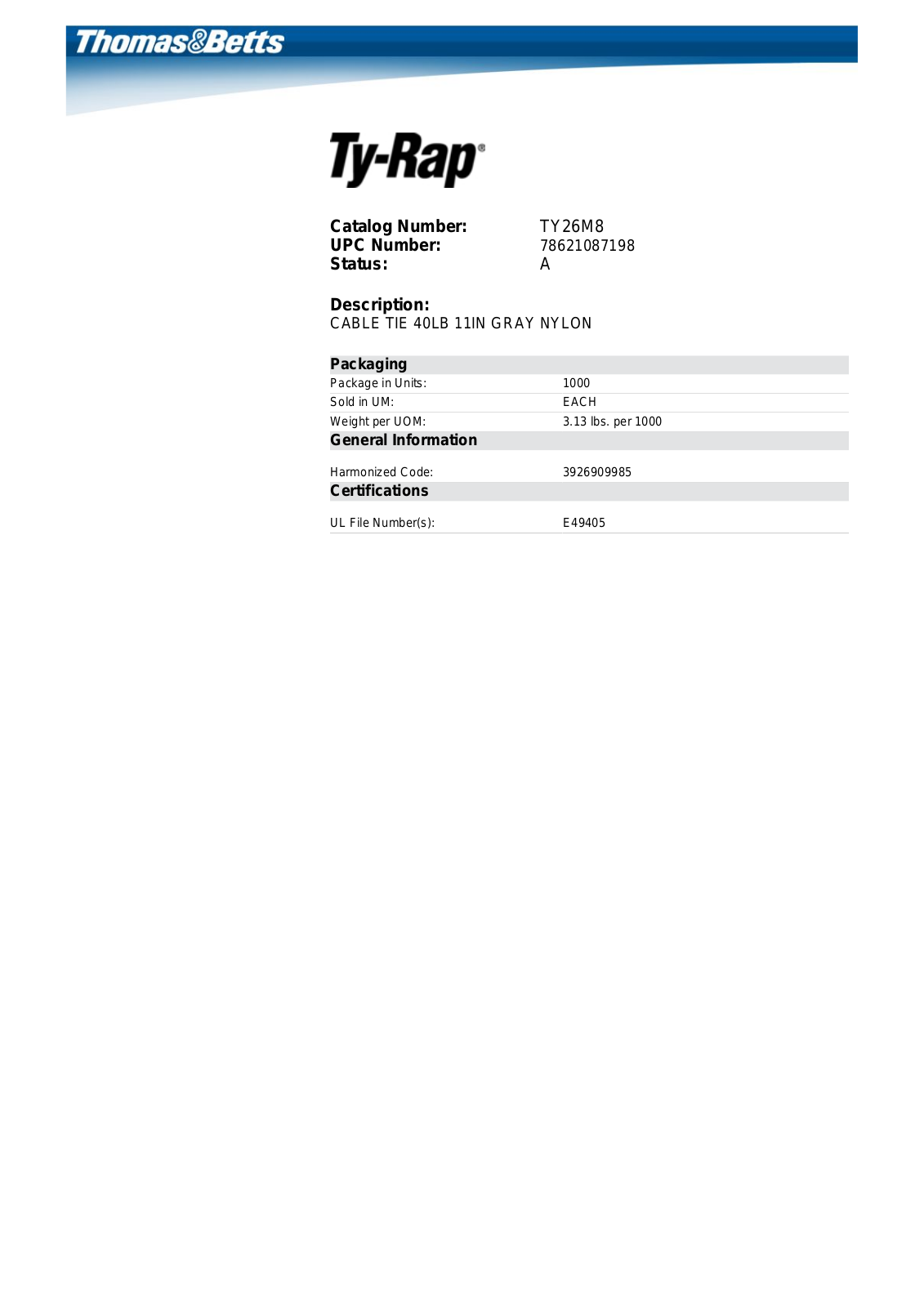 Thomas & Betts TY26M-8 Data Sheet