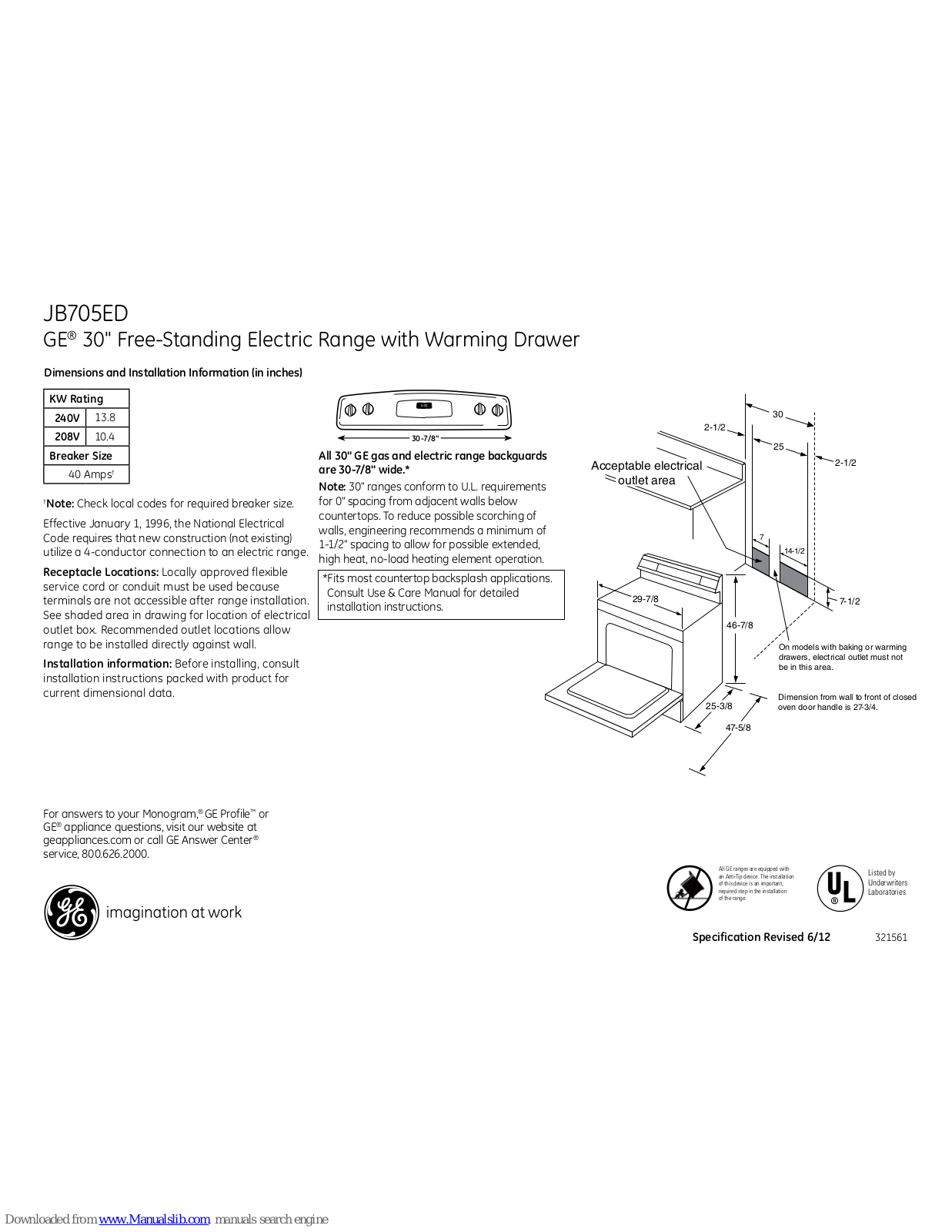 GE JB705EDES, JB705ED Dimensions And Installation Information