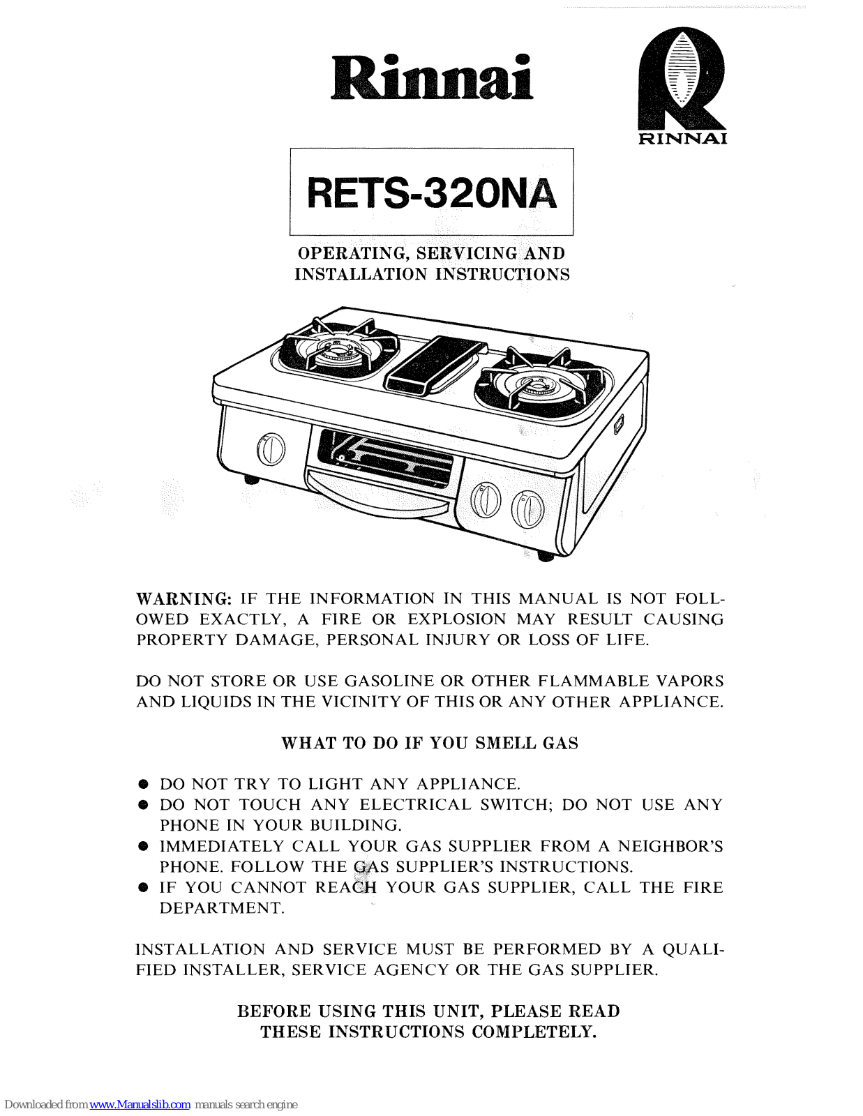 Rinnai RETS-320A Operating, Servicing And Installation Instructions