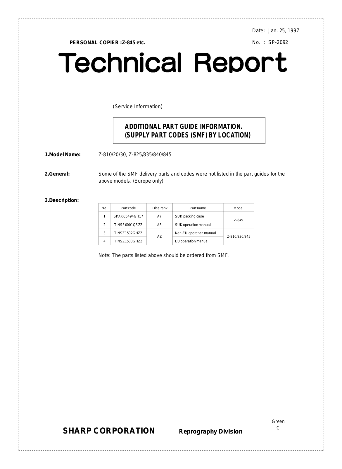 SHARP SP2092 Technical Report