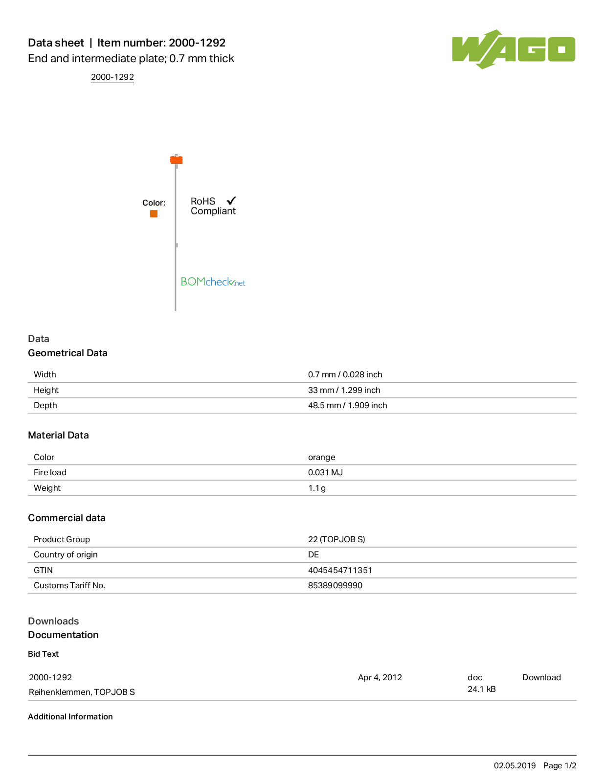 Wago 2000-1292 Data Sheet