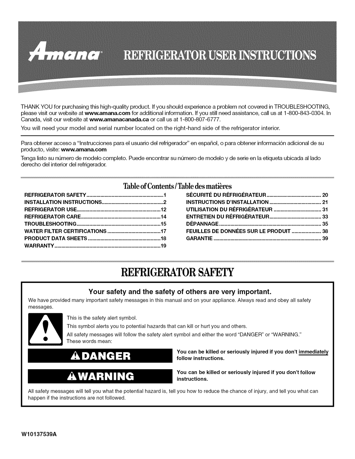 Amana ABB2522FEW11, ABC2037DEW14, AFD2535FES12, ABC2037DTS14, ABC2037DEB14 Owner’s Manual