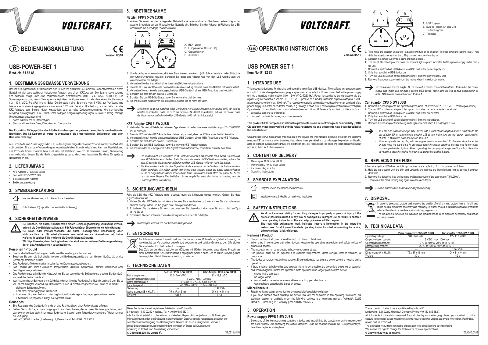 VOLTCRAFT USB-POWER SET 1 Operating Instructions