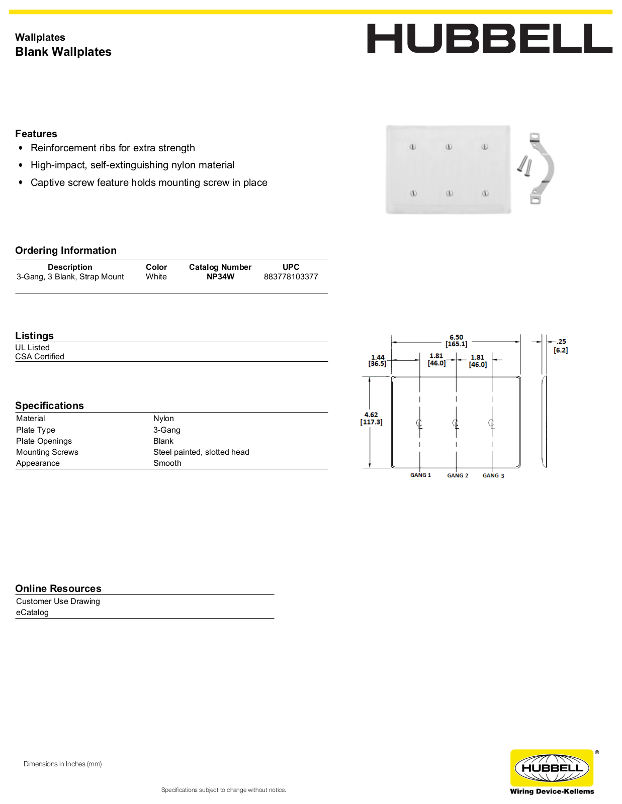 Hubbell NP34W Specifications