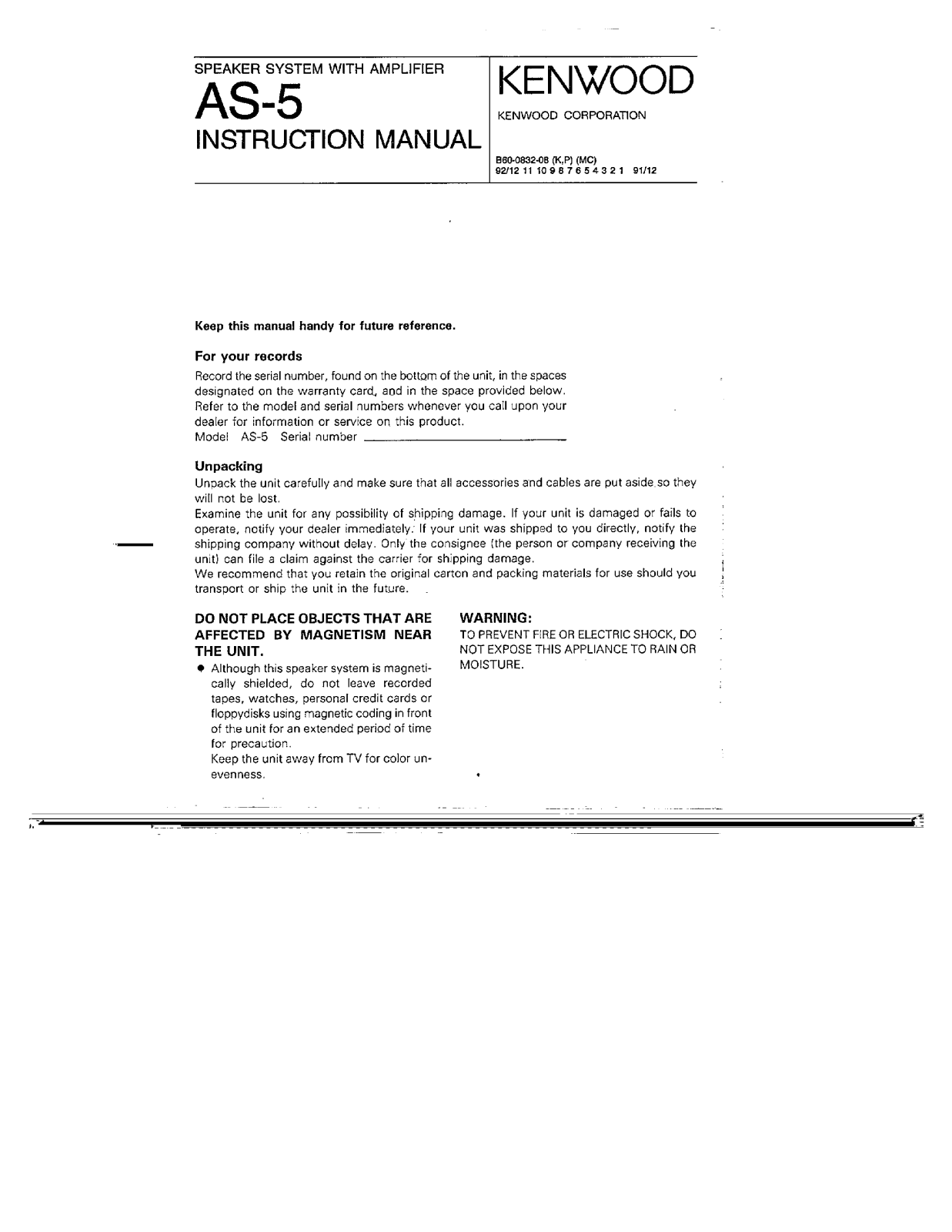 Kenwood AS-5 Owner's Manual