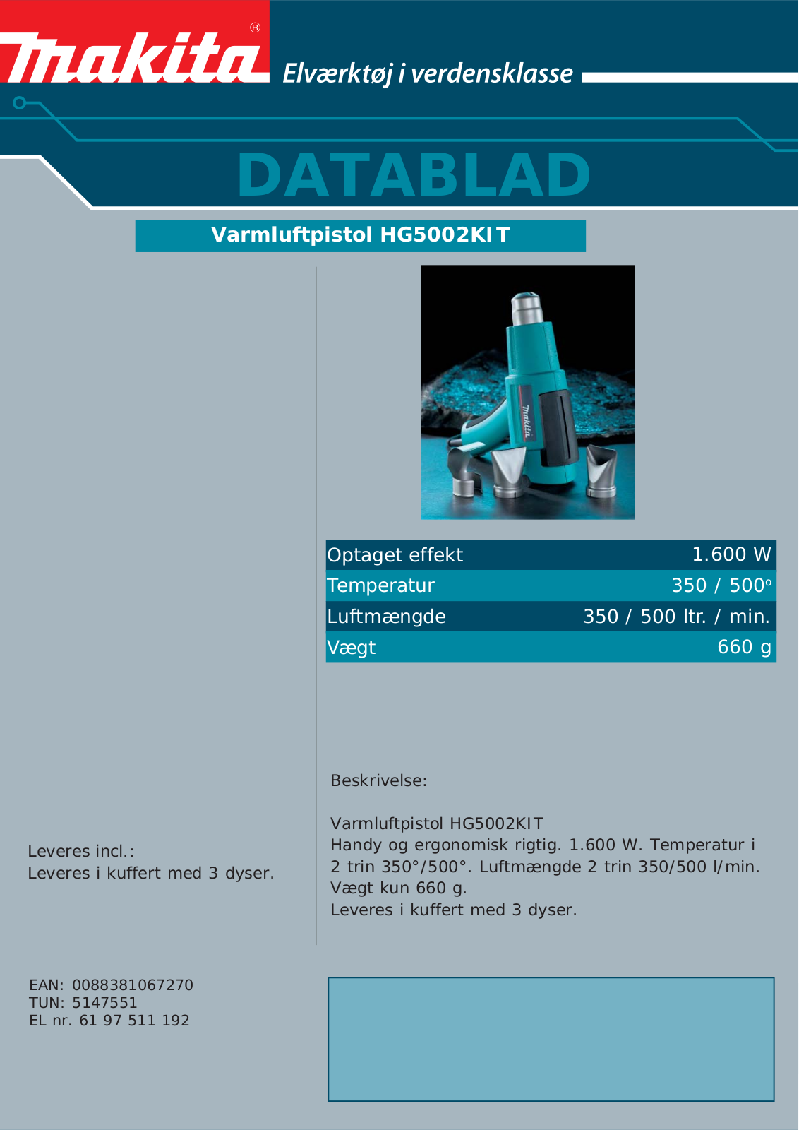 Makita HG5002KIT DATASHEET