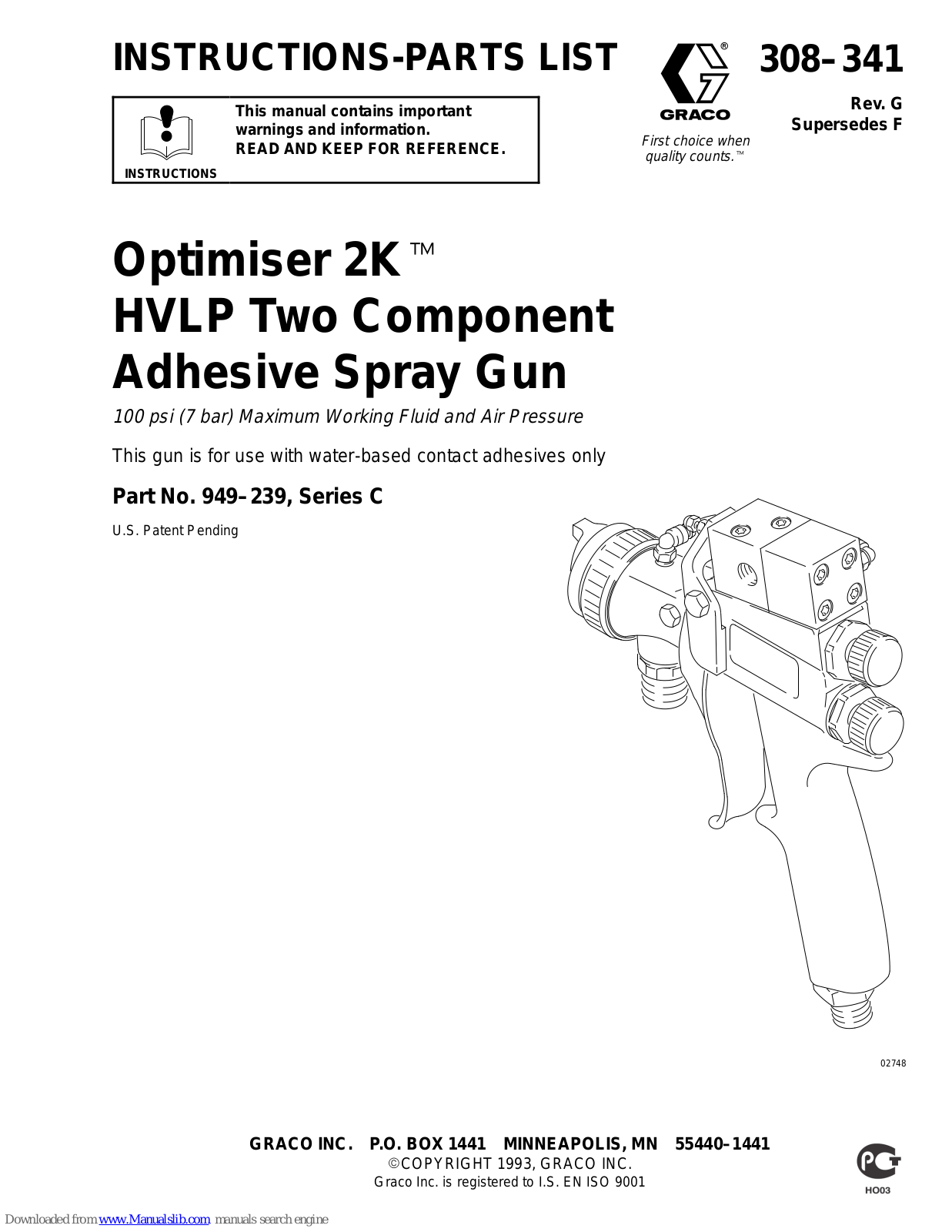 Graco Optimiser 2K 02748, Optimiser 2K 308-341, Optimiser 2K 949-239, Optimiser 2K, 949-239 Instructions Manual