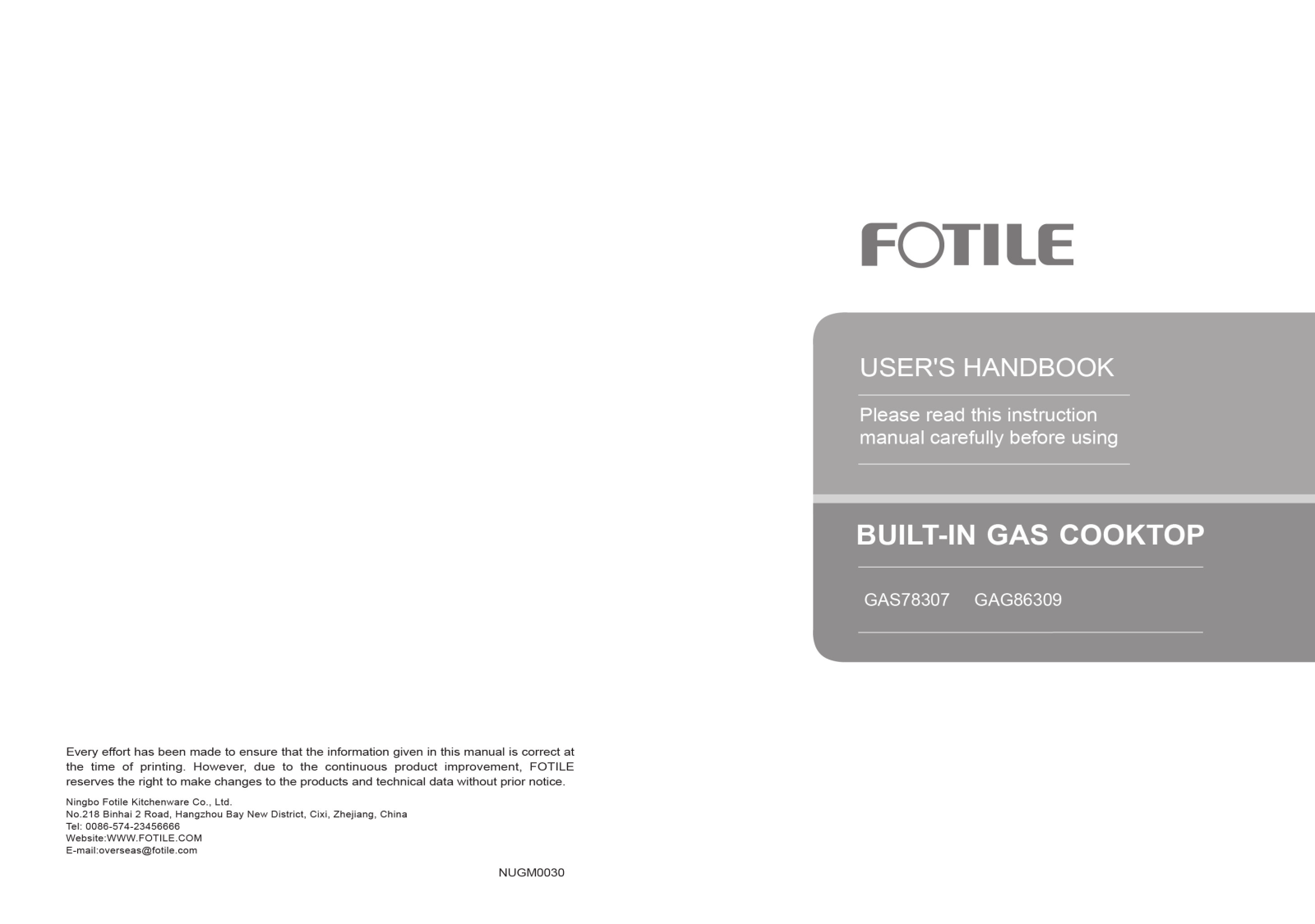 Fotile GAS78307, GAG86309 User Manual