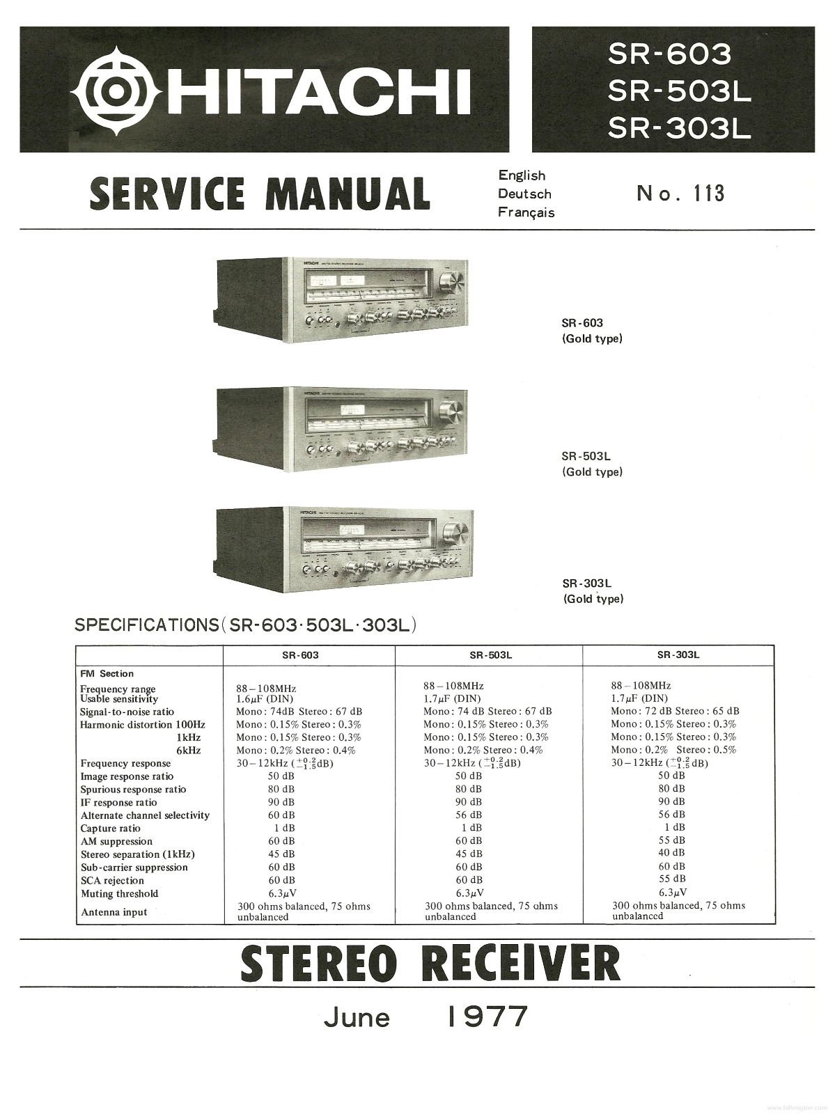 hitachi sr-303l, sr503l, sr603 Service Manual