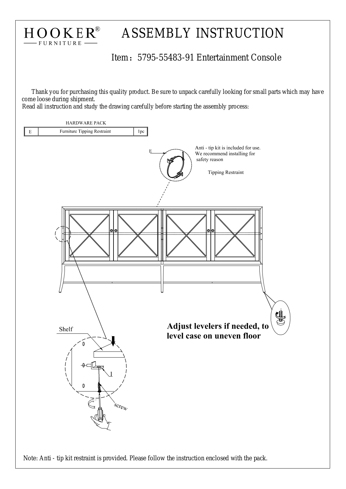 Hooker Furniture 57955548391 Assembly Guide