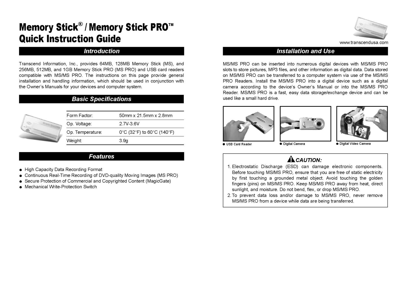 Transcend Information Memory Stick MS, TS64MMSC User Manual