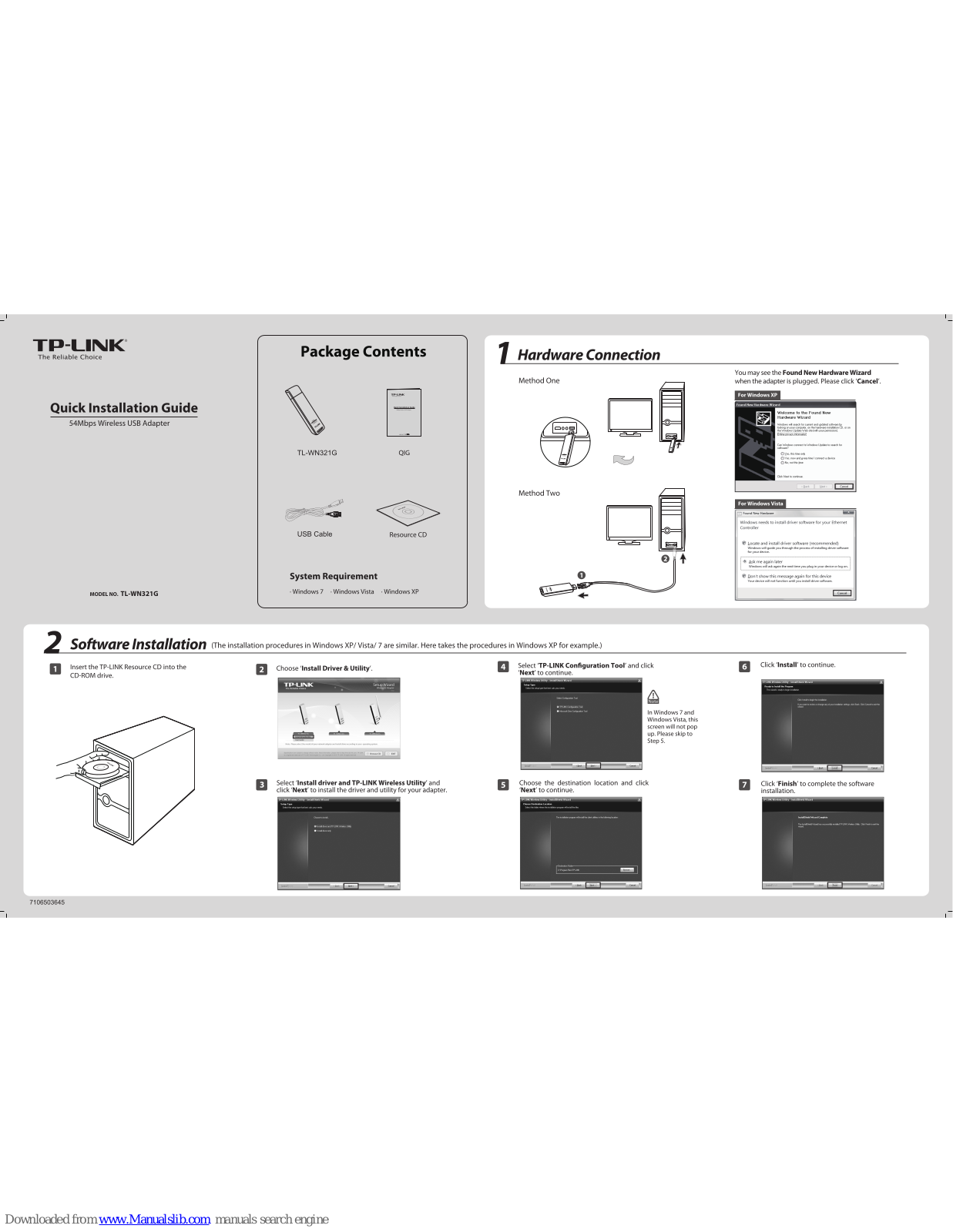 TP-Link 0152500174 - TL-WN321G 54Mbps 802.11g Wireless LAN USB 2.0 Adapter, TL-WN321G Quick Installation Manual