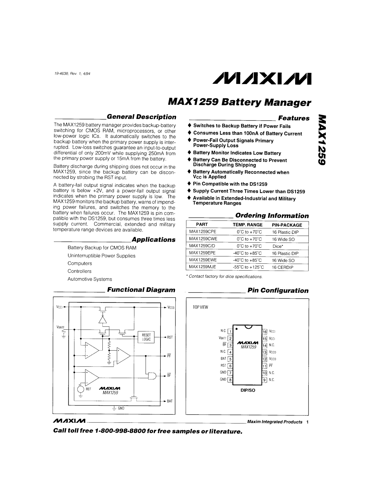 Maxim MAX1259MJE, MAX1259EWE, MAX1259EPE, MAX1259CWE, MAX1259CPE Datasheet